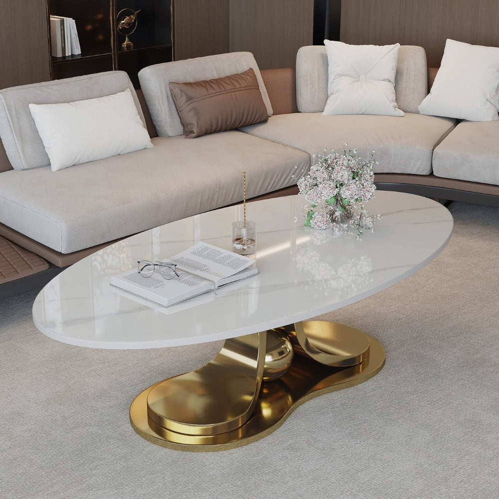 English Elm 49.2 Inch Sintered Stone Faux Marble Coffee Table with Gold Stainless Steel Base W3136S00083