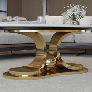 English Elm 49.2 Inch Sintered Stone Faux Marble Coffee Table with Gold Stainless Steel Base W3136S00083