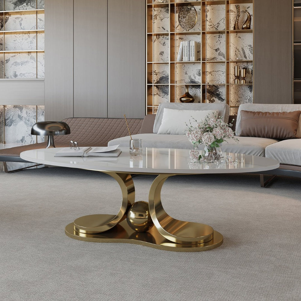 English Elm 49.2 Inch Sintered Stone Faux Marble Coffee Table with Gold Stainless Steel Base W3136S00083