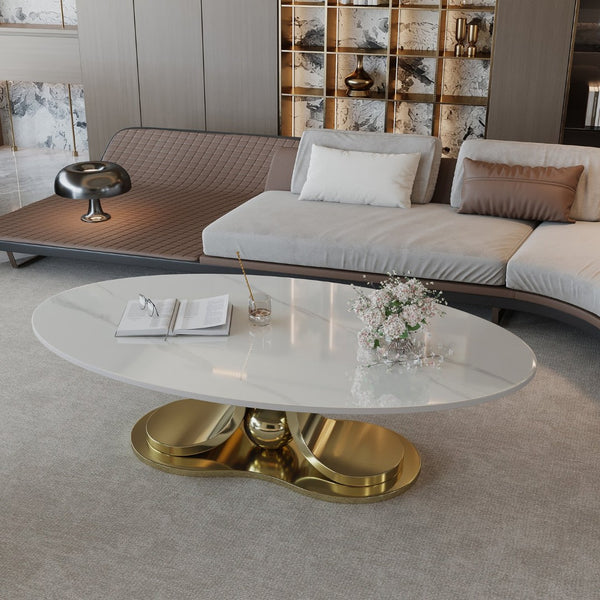 English Elm 49.2 Inch Sintered Stone Faux Marble Coffee Table with Gold Stainless Steel Base W3136S00083