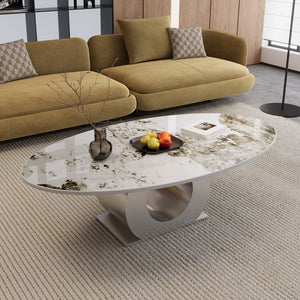 English Elm Modern Sintered Stone Coffee Table with Sculptural Brushed Steel Base for Living Rooms W3136S00084
