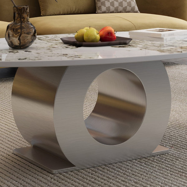 English Elm Modern Sintered Stone Coffee Table with Sculptural Brushed Steel Base for Living Rooms W3136S00084
