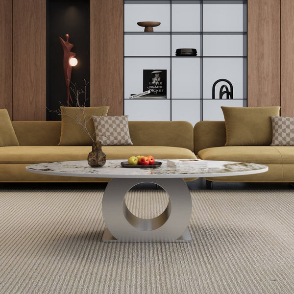 English Elm Modern Sintered Stone Coffee Table with Sculptural Brushed Steel Base for Living Rooms W3136S00084
