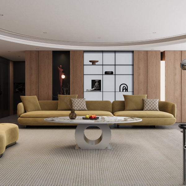 English Elm Modern Sintered Stone Coffee Table with Sculptural Brushed Steel Base for Living Rooms W3136S00084