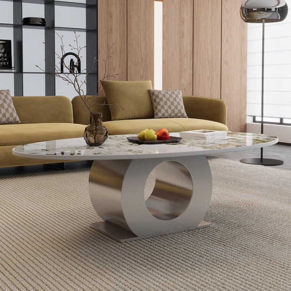 English Elm Modern Sintered Stone Coffee Table with Sculptural Brushed Steel Base for Living Rooms W3136S00084