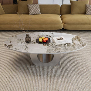 English Elm Modern Sintered Stone Coffee Table with Sculptural Brushed Steel Base for Living Rooms W3136S00084