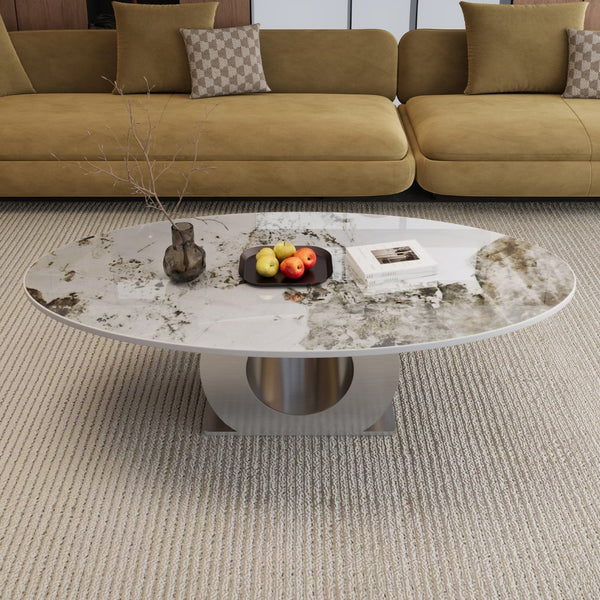 English Elm Modern Sintered Stone Coffee Table with Sculptural Brushed Steel Base for Living Rooms W3136S00084