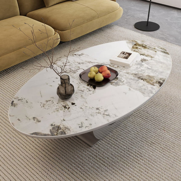 English Elm Modern Sintered Stone Coffee Table with Sculptural Brushed Steel Base for Living Rooms W3136S00084