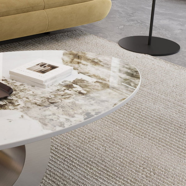 English Elm Modern Sintered Stone Coffee Table with Sculptural Brushed Steel Base for Living Rooms W3136S00084