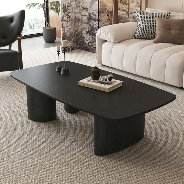 English Elm 51.2" Ash Veneer Coffee Table Low Profile Asymmetric Legs Rustic Farmhouse Living Room W3136S00085