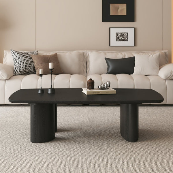 English Elm 51.2" Ash Veneer Coffee Table Low Profile Asymmetric Legs Rustic Farmhouse Living Room W3136S00085