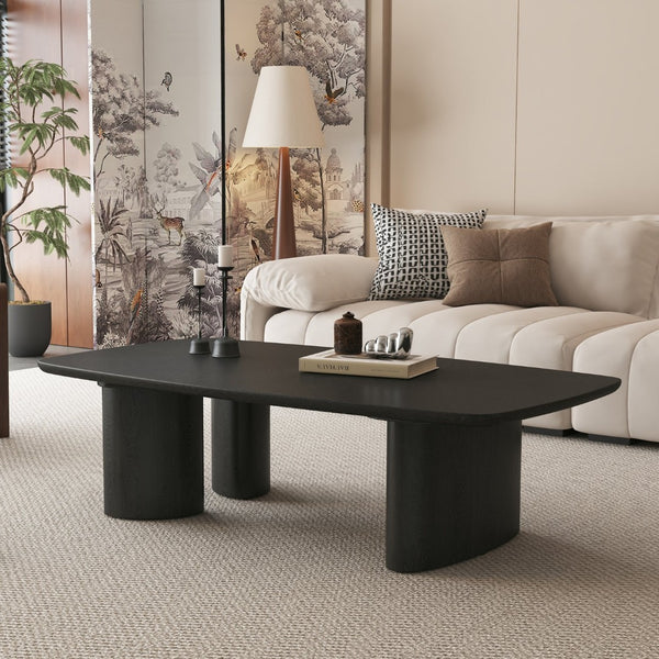English Elm 51.2" Ash Veneer Coffee Table Low Profile Asymmetric Legs Rustic Farmhouse Living Room W3136S00085