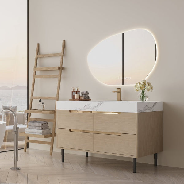 English Elm 35.4" Spa Style Bathroom Vanity Sintered Stone Top Solid Wood Cabinet 4 Drawers W3136S00086
