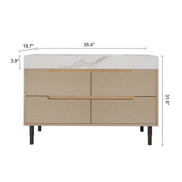 English Elm 35.4" Spa Style Bathroom Vanity Sintered Stone Top Solid Wood Cabinet 4 Drawers W3136S00086
