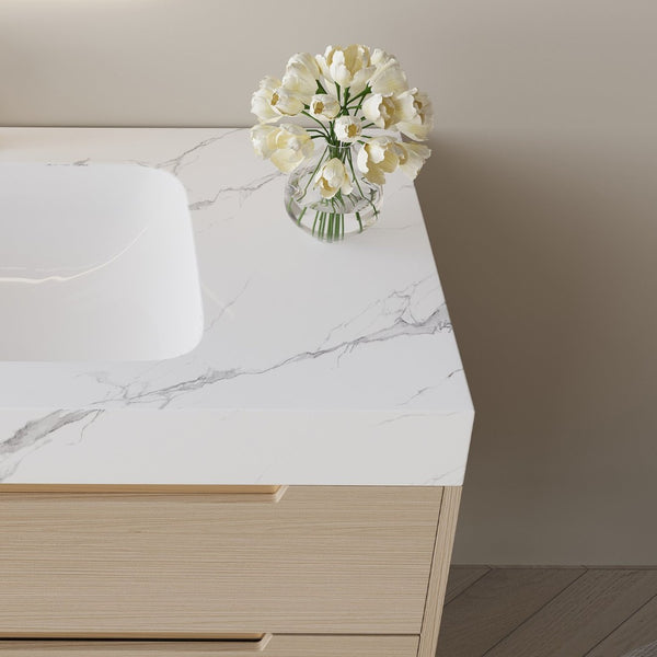English Elm 35.4" Spa Style Bathroom Vanity Sintered Stone Top Solid Wood Cabinet 4 Drawers W3136S00086