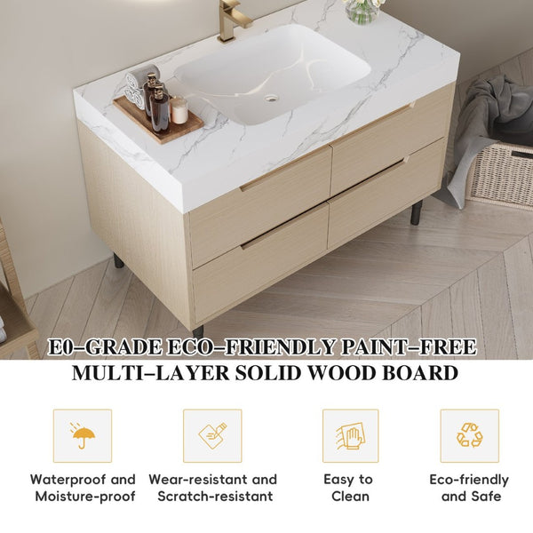 English Elm 35.4" Spa Style Bathroom Vanity Sintered Stone Top Solid Wood Cabinet 4 Drawers W3136S00086