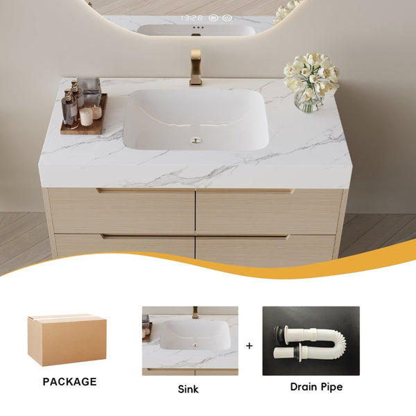 English Elm 35.4" Spa Style Bathroom Vanity Sintered Stone Top Solid Wood Cabinet 4 Drawers W3136S00086