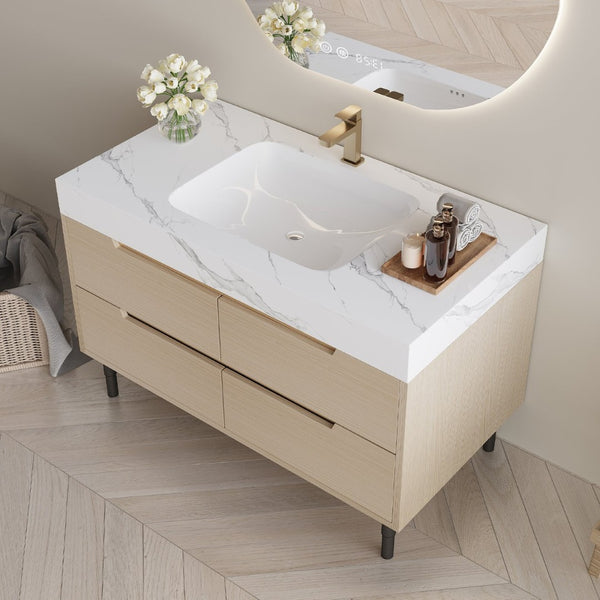 English Elm 35.4" Spa Style Bathroom Vanity Sintered Stone Top Solid Wood Cabinet 4 Drawers W3136S00086