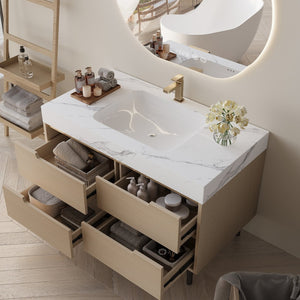 English Elm 35.4" Spa Style Bathroom Vanity Sintered Stone Top Solid Wood Cabinet 4 Drawers W3136S00086