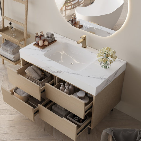 English Elm 35.4" Spa Style Bathroom Vanity Sintered Stone Top Solid Wood Cabinet 4 Drawers W3136S00086