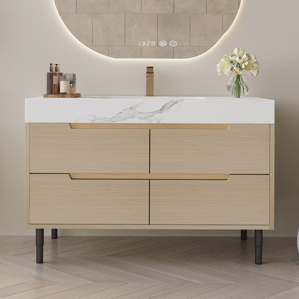 English Elm 35.4" Spa Style Bathroom Vanity Sintered Stone Top Solid Wood Cabinet 4 Drawers W3136S00086