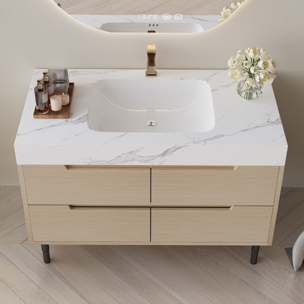 English Elm 35.4" Spa Style Bathroom Vanity Sintered Stone Top Solid Wood Cabinet 4 Drawers W3136S00086