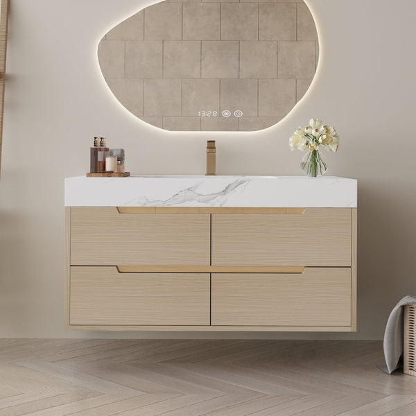 English Elm 35.4" Spa Style Bathroom Vanity Sintered Stone Top Solid Wood Cabinet 4 Drawers W3136S00086