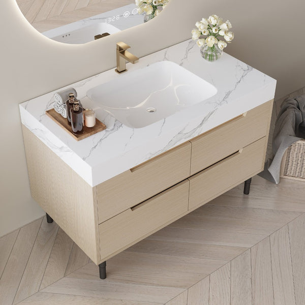 English Elm 35.4" Spa Style Bathroom Vanity Sintered Stone Top Solid Wood Cabinet 4 Drawers W3136S00086