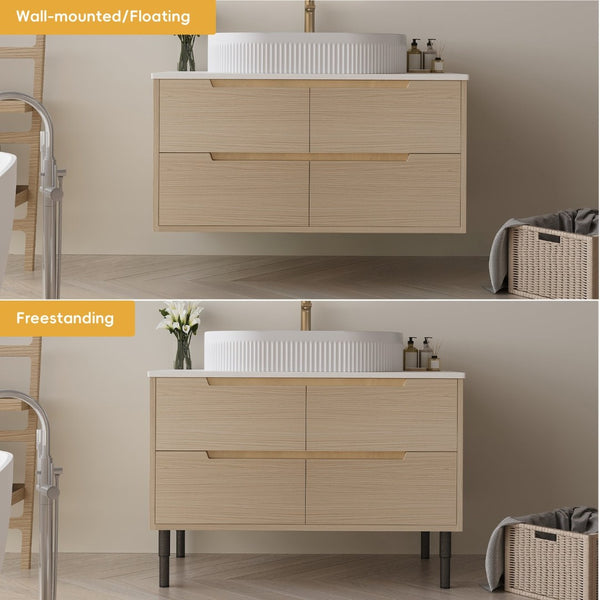 English Elm 36 Inch Freestanding or Floating Bathroom Vanity with Ceramic Sink and Soft Close Drawers W3136S00087