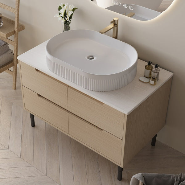 English Elm 36 Inch Freestanding or Floating Bathroom Vanity with Ceramic Sink and Soft Close Drawers W3136S00087