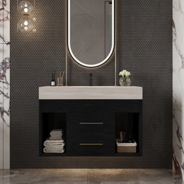 English Elm 29.9 Inch Wall Mounted Bathroom Vanity Sintered Stone Top Soft Close Drawers Modern Black, Stone Gray W3136S00088