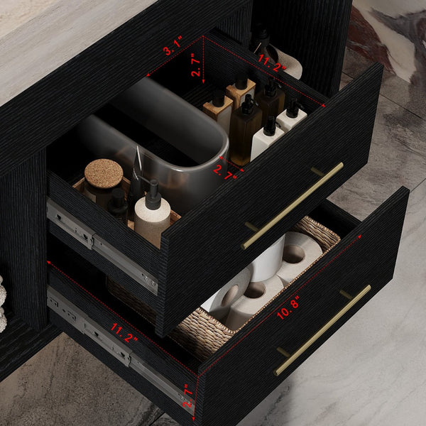 English Elm 29.9 Inch Wall Mounted Bathroom Vanity Sintered Stone Top Soft Close Drawers Modern Black, Stone Gray W3136S00088