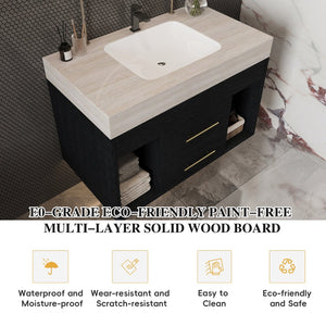 English Elm 29.9 Inch Wall Mounted Bathroom Vanity Sintered Stone Top Soft Close Drawers Modern Black, Stone Gray W3136S00088