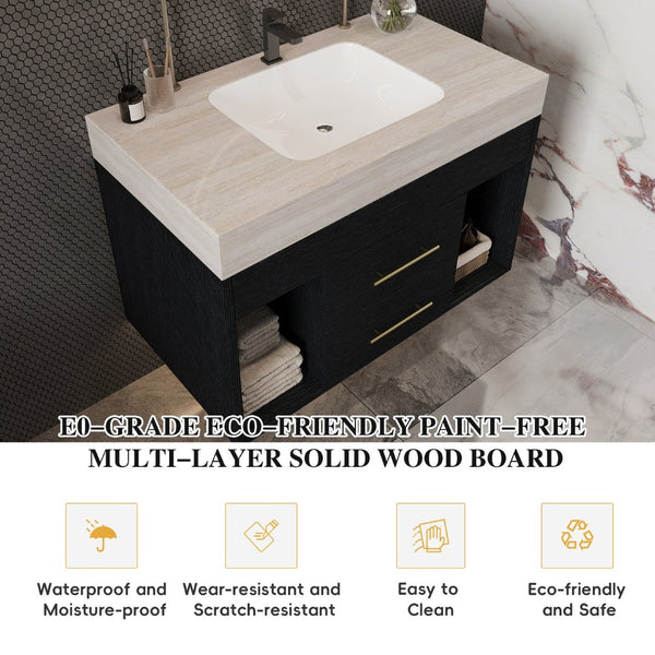 English Elm 29.9 Inch Wall Mounted Bathroom Vanity Sintered Stone Top Soft Close Drawers Modern Black, Stone Gray W3136S00088