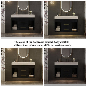 English Elm 29.9 Inch Wall Mounted Bathroom Vanity Sintered Stone Top Soft Close Drawers Modern Black, Stone Gray W3136S00088