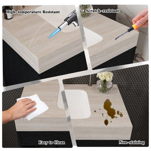 English Elm 29.9 Inch Wall Mounted Bathroom Vanity Sintered Stone Top Soft Close Drawers Modern Black, Stone Gray W3136S00088