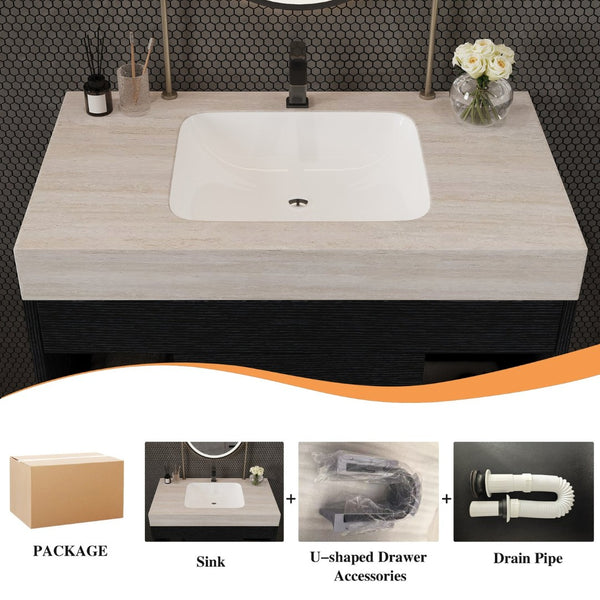English Elm 29.9 Inch Wall Mounted Bathroom Vanity Sintered Stone Top Soft Close Drawers Modern Black, Stone Gray W3136S00088