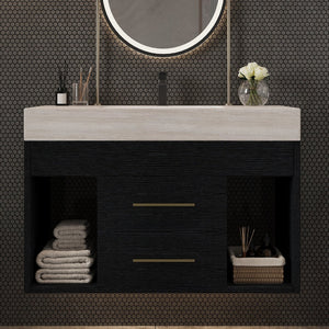 English Elm 29.9 Inch Wall Mounted Bathroom Vanity Sintered Stone Top Soft Close Drawers Modern Black, Stone Gray W3136S00088