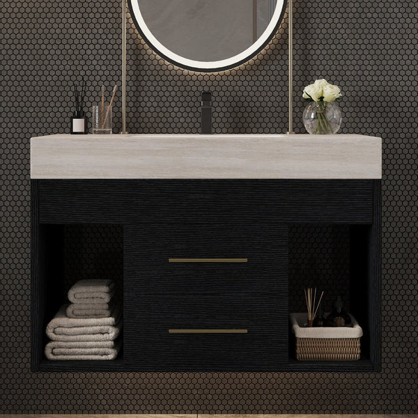 English Elm 29.9 Inch Wall Mounted Bathroom Vanity Sintered Stone Top Soft Close Drawers Modern Black, Stone Gray W3136S00088