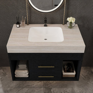 English Elm 29.9 Inch Wall Mounted Bathroom Vanity Sintered Stone Top Soft Close Drawers Modern Black, Stone Gray W3136S00088