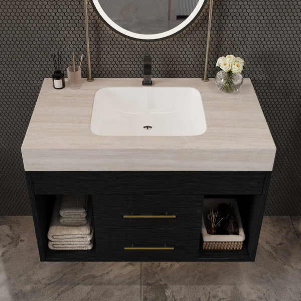 English Elm 29.9 Inch Wall Mounted Bathroom Vanity Sintered Stone Top Soft Close Drawers Modern Black, Stone Gray W3136S00088