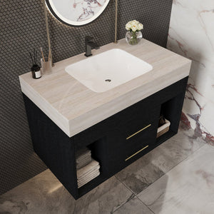 English Elm 29.9 Inch Wall Mounted Bathroom Vanity Sintered Stone Top Soft Close Drawers Modern Black, Stone Gray W3136S00088