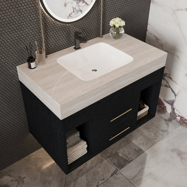 English Elm 29.9 Inch Wall Mounted Bathroom Vanity Sintered Stone Top Soft Close Drawers Modern Black, Stone Gray W3136S00088