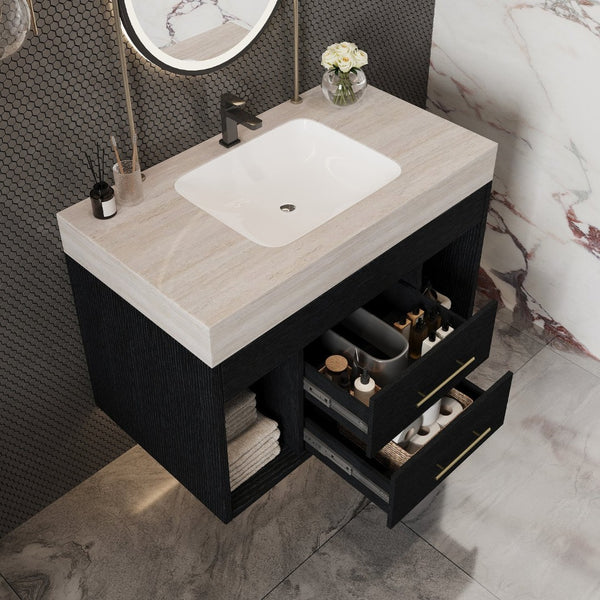 English Elm 29.9 Inch Wall Mounted Bathroom Vanity Sintered Stone Top Soft Close Drawers Modern Black, Stone Gray W3136S00088