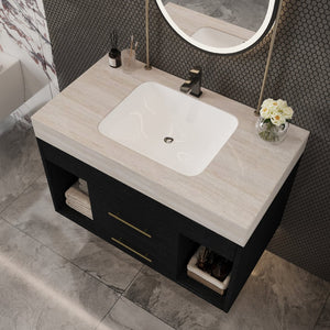 English Elm 29.9 Inch Wall Mounted Bathroom Vanity Sintered Stone Top Soft Close Drawers Modern Black, Stone Gray W3136S00088
