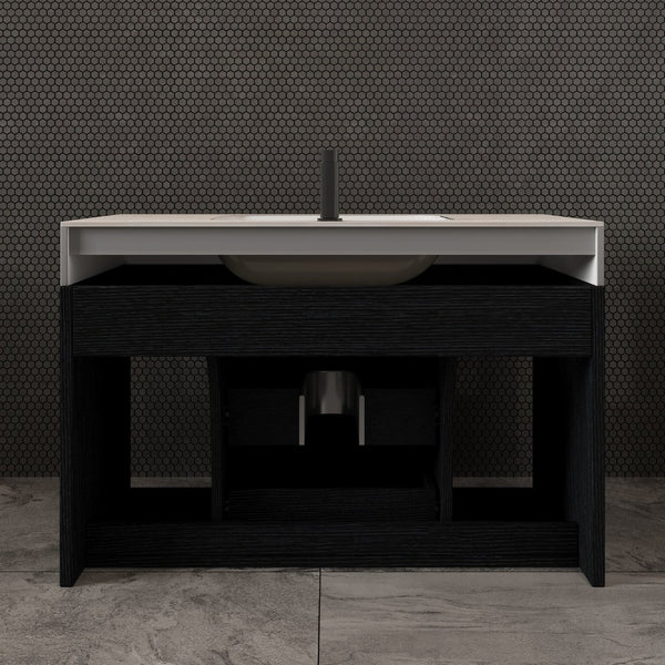 English Elm 29.9 Inch Wall Mounted Bathroom Vanity Sintered Stone Top Soft Close Drawers Modern Black, Stone Gray W3136S00088