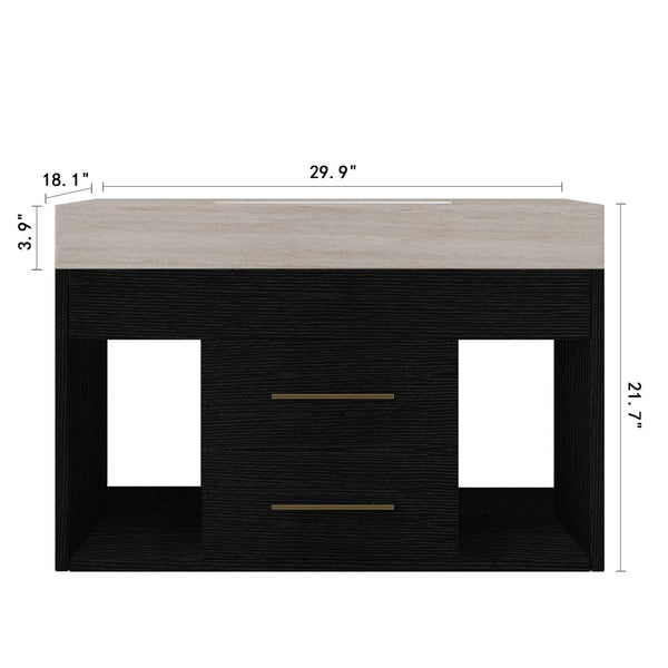 English Elm 29.9 Inch Wall Mounted Bathroom Vanity Sintered Stone Top Soft Close Drawers Modern Black, Stone Gray W3136S00088