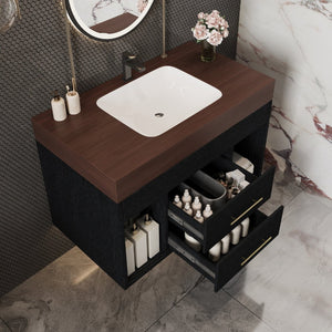 English Elm 29.9 Inch Wall Mounted Bathroom Vanity Sintered Stone Top Soft Close Drawers Modern Black, Walnut W3136S00089
