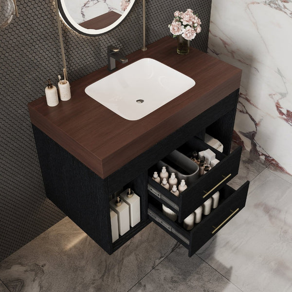 English Elm 29.9 Inch Wall Mounted Bathroom Vanity Sintered Stone Top Soft Close Drawers Modern Black, Walnut W3136S00089