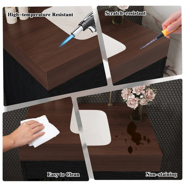 English Elm 29.9 Inch Wall Mounted Bathroom Vanity Sintered Stone Top Soft Close Drawers Modern Black, Walnut W3136S00089